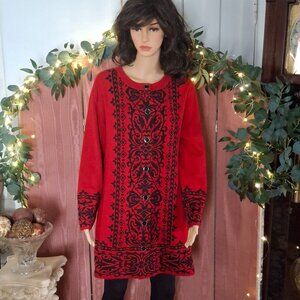 Red and Black Susan Graver Tunic Cardigan Sweater Large NWOT
